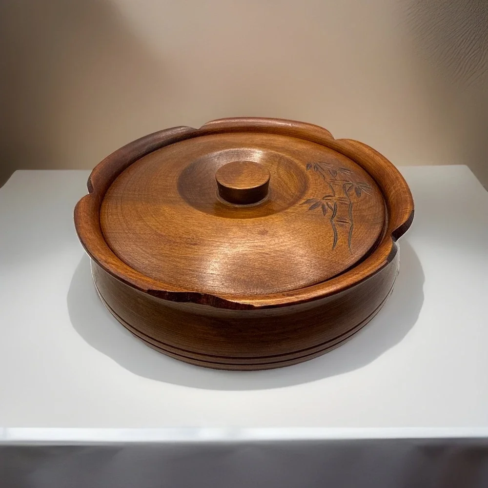 Vintage Hand Carved Wooden Bowl Bamboo Carving With Lid Lacquered Interior 7